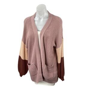 Sienna Sky Pink Ribbed Knit Colorblock Pocket Open Cardigan Sweater Top Size M